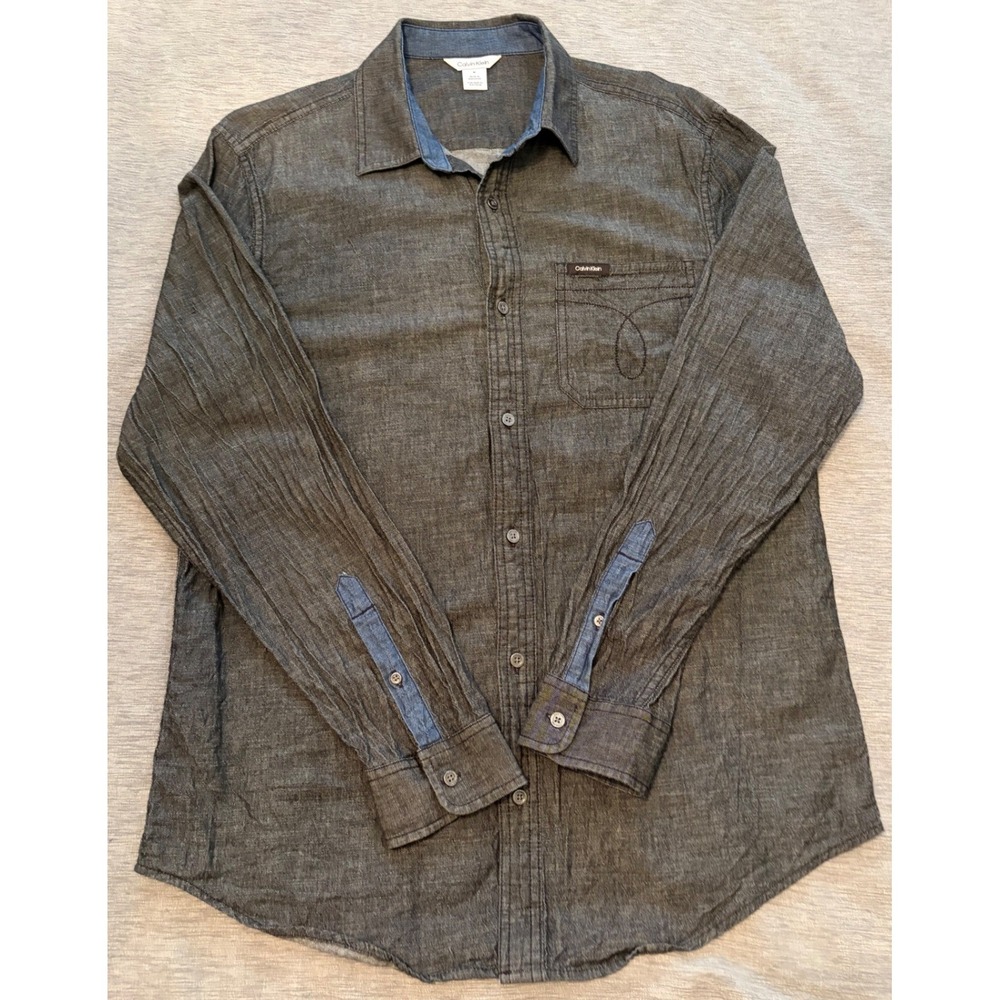 Calvin Klein Mens Gray Chambray Denim Long Sleeve Button Up Shirt Size M
